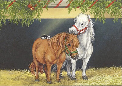 ansichtkaart - pony&#039;s en kerstballen