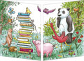 uitklapbare wenskaart cache-cache - panda, varken, boeken lezen