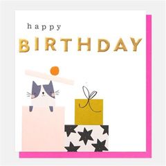 verjaardagskaart caroline gardner -  happy birthday - kat en cadeautjes | mullerwenskaarten