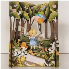 3d pop-up kaart miniature greetings - meisje met ballonnen in het bos | muller wenskaarten