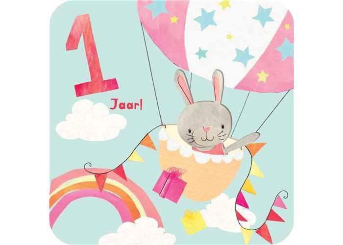 doden Margaret Mitchell Ladder 1 jaar - verjaardagskaart - konijntje in luchtballon|Muller wenskaarten