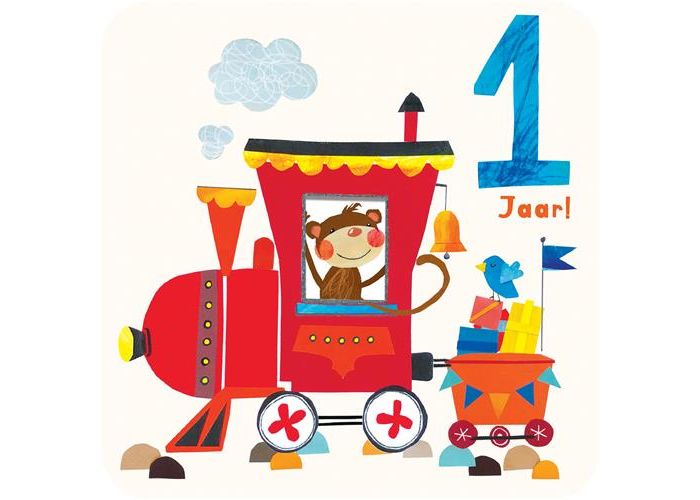 stoom Bonus Fabrikant 1 jaar - verjaardagskaart - aap in treintje|Muller wenskaarten